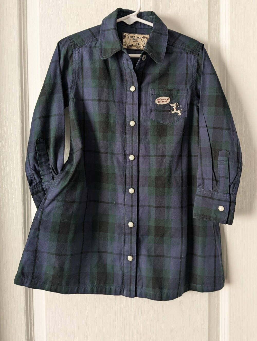 familiar x PEANUTS Girls Plaid Button-Front Shirt Dress in Navy & Green